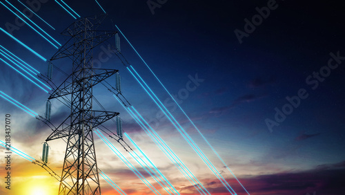 High-voltage power pylon with glowing blue digital light beams representing electricity transmission against a twilight sky. Concept of the electricity energy industry