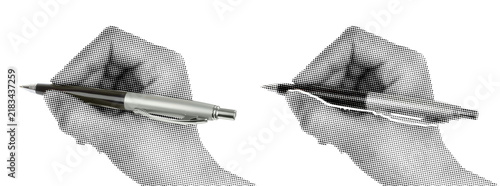 Set of Hand holding a business pen like writing, isolated on transparent background with vintage newspaper print texture. Concept of business communication, signing documents and retro print style