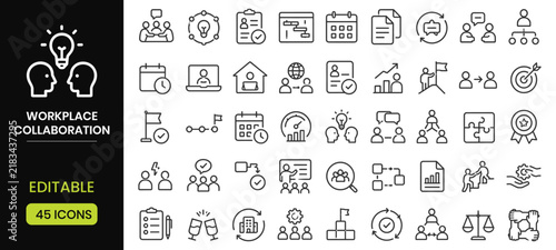 Workplace collaboration icons set, business teamwork, communication, management, strategy, project planning, leadership, office workflow, vector line icons