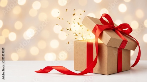 Parcel Delivery Box with Red Ribbon and Confetti for Holiday Sale