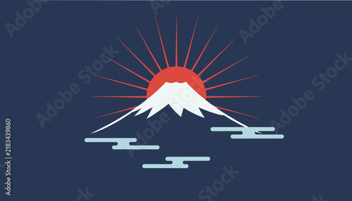 Japanese retro design showcasing a white Mount Fuji peak against a bright red rising sun over blue ocean waters.
