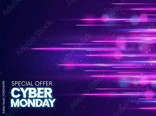 Cyber monday special offer banner with glowing speed light trails on purple background