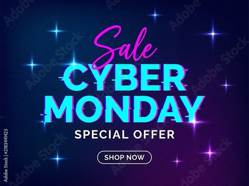 Cyber monday sale neon glitch text banner on dark glowing background vector illustration