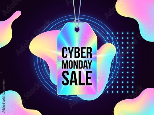 Cyber monday sale banner with holographic price tag on dark background with glowing shapes