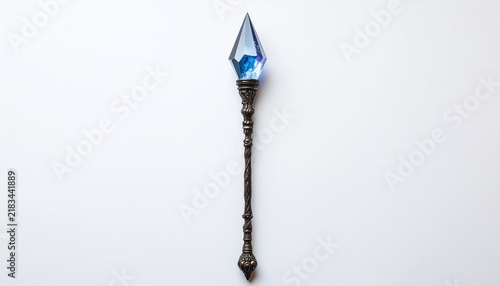 Dark fantasy wizard staff with deep blue crystal gem top isolated on white background fantasy RPG game asset and magical design element