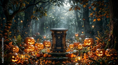 Obraz na płótnie Spooky Halloween forest at night with glowing jack-o-lanterns surrounding a mysterious stone altar