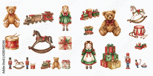 Obraz na plátne Set of vintage watercolor Christmas toys and gifts isolated on a white background
