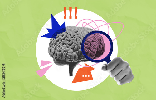 Foto Business brainstorming concept with sketched brain, magnifying glass and fist symbolizing creative strategy, critical thinking, research, and decisive action
