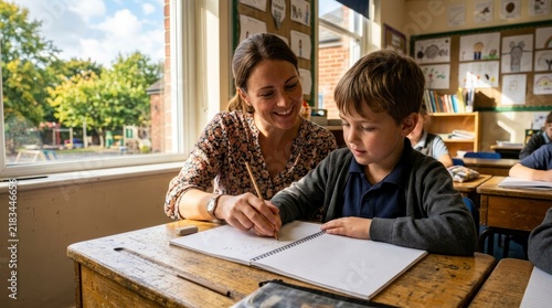 Smiling Female Teacher Helping Young Male Student With Writing in Sunny Primary School Classroom