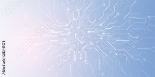 Glowing circuits pulse across a light blue digital grid. Neon lines trace futuristic pathways with electric spark effects. Abstract tech design evokes innovation and digital connectivity
