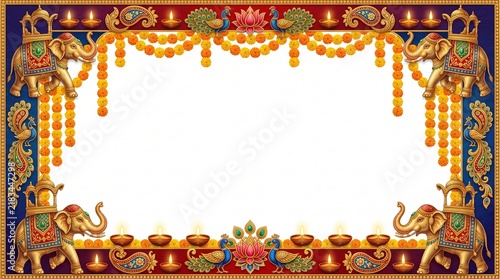 An intricately designed golden frame with traditional indian motifs perfect for wedding invitations or celebratory events