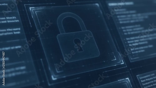 Cyber security padlock hologram on digital data protection screen