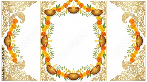 An ornate triptych frame with a central blank space decorated with golden beads and floral motifs creating a decorative border