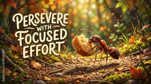 Ant Carrying Food in Forest with Inspirational Quote Persevere with Focused Effort Text Design