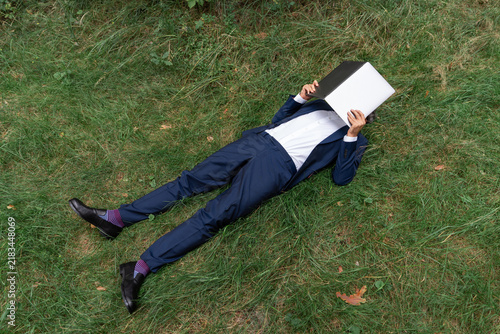 Bild auf Leinwand Man lying on green grass with laptop covering face, taking a wor