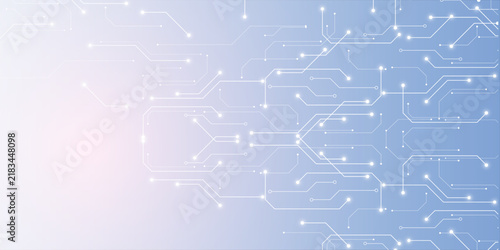 Glowing circuits pulse across a light blue digital grid. Neon lines trace futuristic pathways with electric spark effects. Abstract tech design evokes innovation and digital connectivity