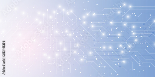 Glowing circuits pulse across a light blue digital grid. Neon lines trace futuristic pathways with electric spark effects. Abstract tech design evokes innovation and digital connectivity