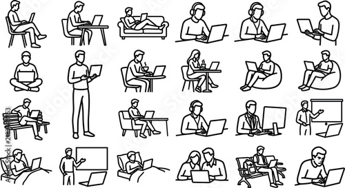 Set of people working on laptops in various positions and environments, outline icons
