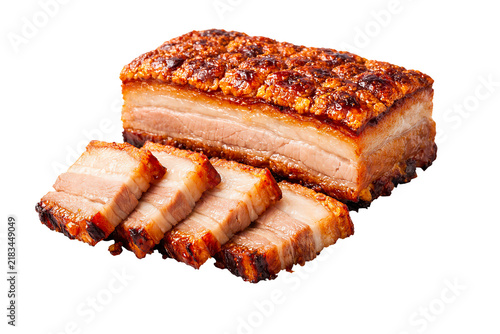 Crispy Roasted Pork Belly Slices Served as a Delicious Savoury Appetiser Dish