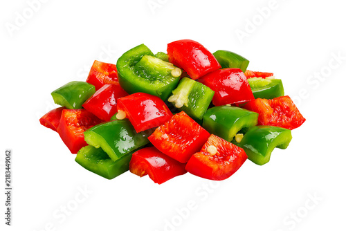Fresh Chopped Red and Green Bell Peppers Mixed Together for Cooking Recipes