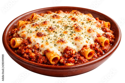 Baked Cheesy Pasta Casserole with Rich Tomato Meat Sauce and Herbs Topping