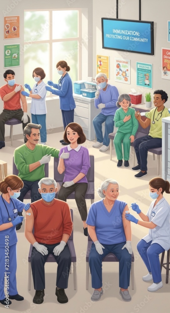 Obraz premium Community health drive: patient receive, doctor inject, medical worker, safe immunization, prevent disease, shoulder needle, nurse administer, active vaccination, senior protection, care hospital.