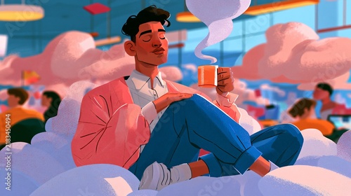 A worker sits on clouds in a busy office, sipping coffee and enjoying a break