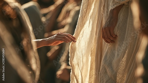 Jesus Hands and Woman Touching His Garment, Cinematic Biblical Scene of Healing in Crowded Street