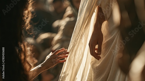 Jesus' Hand and Woman Reaching Out in Biblical Street, Cinematic Realism for Christian Faith Publishing