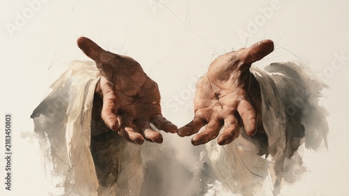 Jesus' Hands with Healed Crucifixion Scars Extended Toward Viewer, Watercolor Christian Illustration