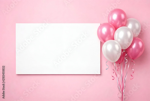 Pink celebration background with blank frame and balloons