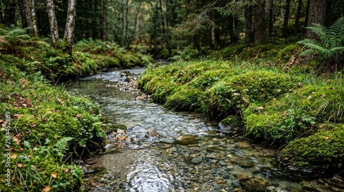 Crystal clear forest stream flowing through lush green mossy banks in a tranquil woodland setting