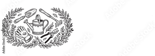 Vintage style illustration of gardening tools including a trowel, watering can, gloves, rake, and shears, encircled by a leafy wreath.