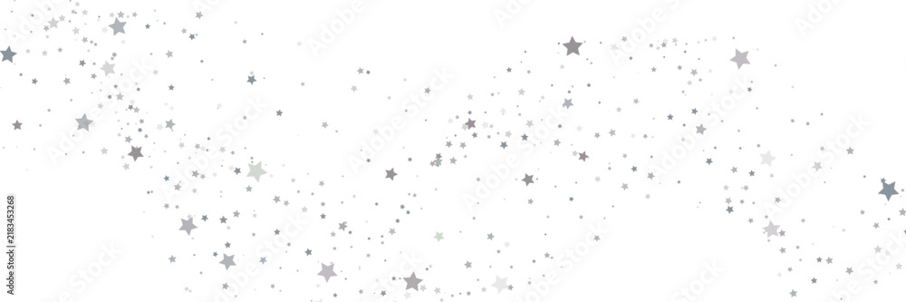 Obraz premium Sweeping wave of silver and grey stars on white background. Horizontal festive banner with scattered confetti and copy space