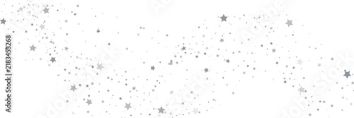 Sweeping wave of silver and grey stars on white background. Horizontal festive banner with scattered confetti and copy space