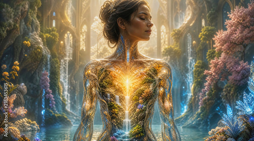 ethereal glowing goddess in fantasy enchanted forest ecosystem