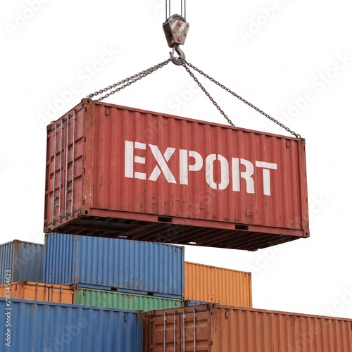 A red shipping container labeled export being lifted by a crane at a busy industrial port terminal.