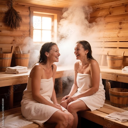Two women laughing and relaxing in a steam-filled sauna  