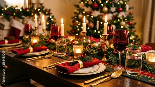 Elegant christmas dinner table with candles and wine