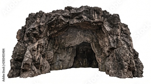 Rugged rocky cave entrance with a deep, inviting opening, perfectly isolated on a bright white background for design projects.