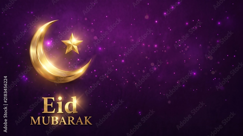 Naklejka premium Golden crescent moon and star on purple background for Eid Mubarak festive greeting card