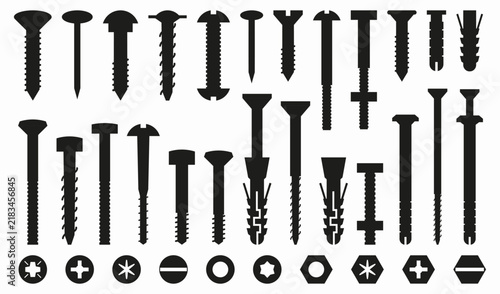 Collection of black screw and fastener silhouettes with different heads, threads and construction shapes for hardware, repair, engineering and industrial design projects