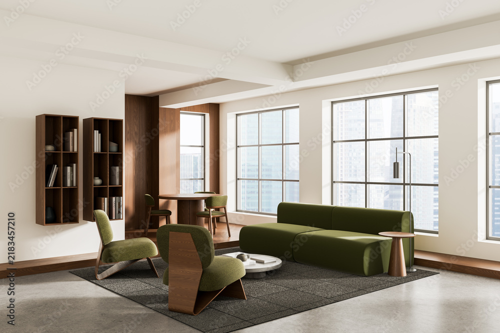 Obraz premium Contemporary living room interior with olive sofa, walnut furniture, panoramic windows, and elegant urban apartment design concept. 3D Rendering