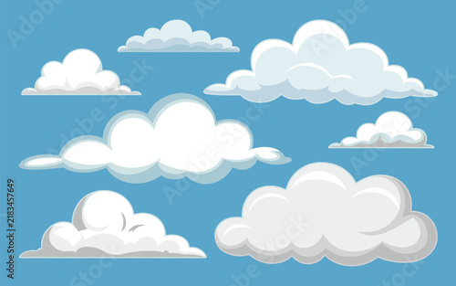 A collection of white fluffy cartoon clouds floating peacefully in a bright blue sunny sky for a cheerful summer day background.