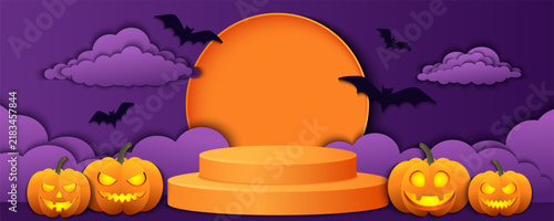 Happy Halloween background for a fun party with a podium, clouds, glowing pumpkins, and bats against a purple backdrop. Vector illustration for Halloween advertising.
