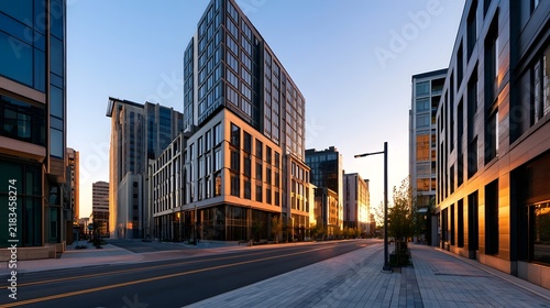 Modern city street with tall glass and concrete buildings bathed in warm golden hour light  empty road and wide sidewalks