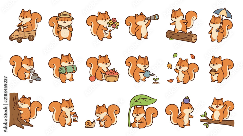 Obraz premium Set of cute cartoon squirrels performing various daily activities and hobbies in a flat vector illustration style.