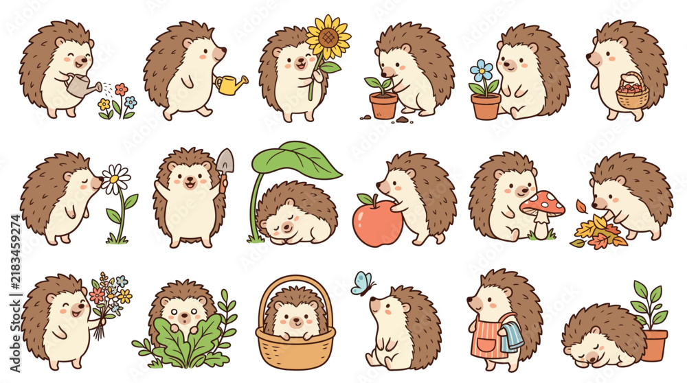 Obraz premium Set of cute cartoon hedgehog characters doing various daily activities and gardening tasks.