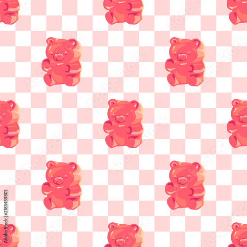 Red and pink gummy bear seamless pattern on pastel checkered background, sweet jelly candy vector illustration