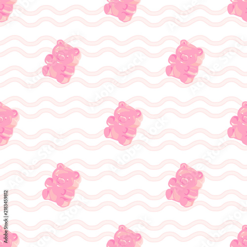 Cute pink gummy bear seamless pattern with wavy line background, sweet pastel jelly candy vector illustration